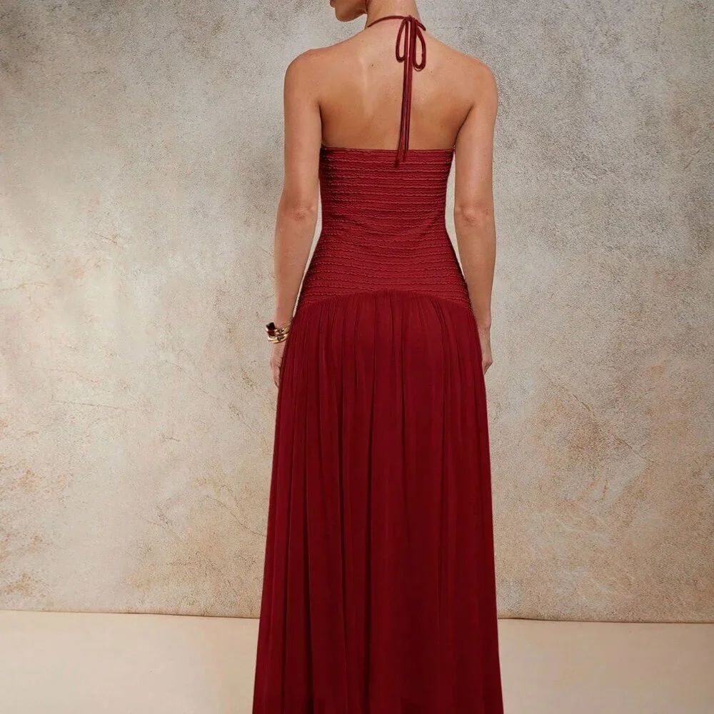 Burgundy Party Women's Halter Tie Long Dress - Picture 2 of 7